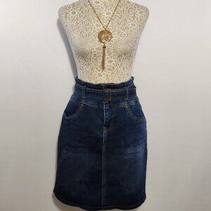 One 5 One Women's Size Medium Blue Denim Belted Zip Front Pockets Skirt Casual